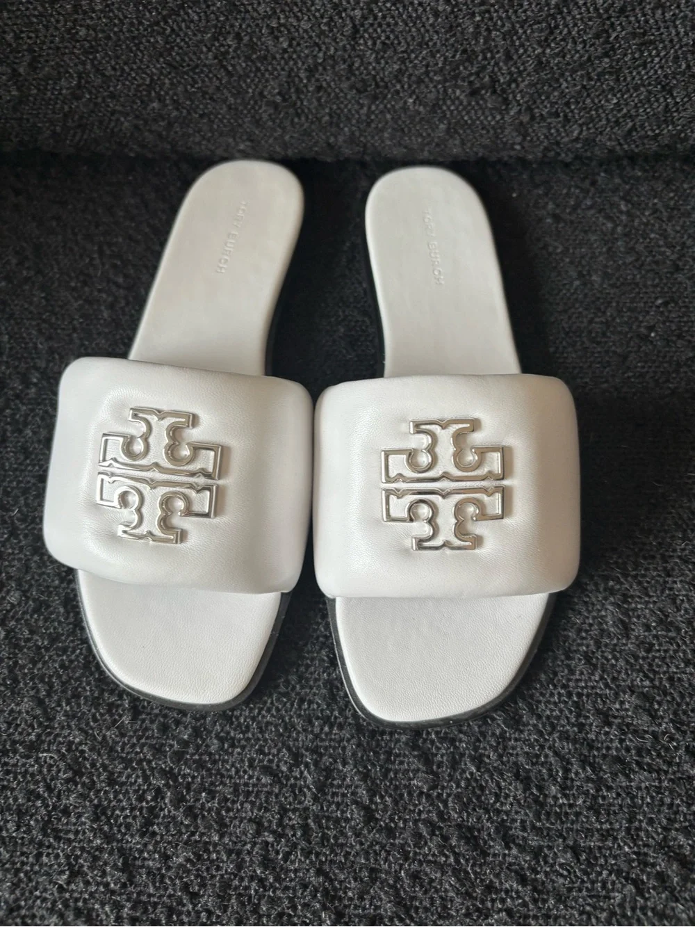 Tory Burch White Britten Puffy Slide Sandals with Silver Logo